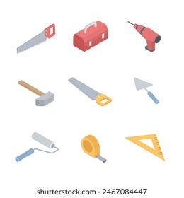Home repair tool kit. Vector flat isometric repair construction work tool and equipment icon set. Toolbox, hand drill, hammer, screwdriver, measuring tape, knife, paint roller, paintbrush, ladder etc.