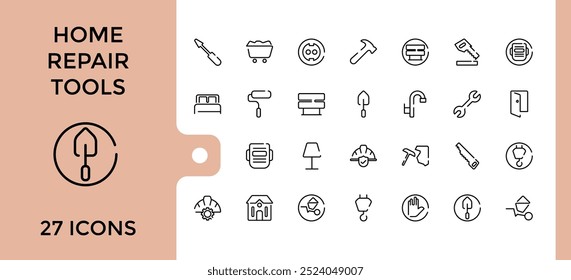 Home repair tool line icons set, construction, renovation, building. Editable stroke. Thin outline icon pack, Pixel perfect.