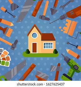 Home repair tools advertisement, vector illustration. House maintenance service company promotion, booklet cover, brochure template. Building and renovation tools and instruments around house icon