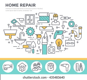 Home repair tools concept illustration, thin line flat design