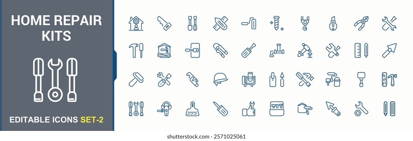 Home Repair Tools icon. It contains symbols to build, work, saw, screw, paint and more. Thin outline icons pack. Vector illustration.