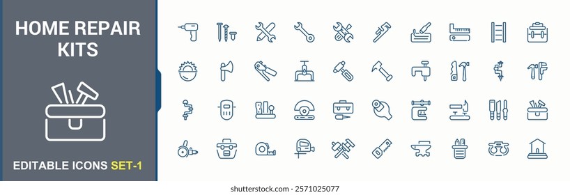 Home Repair Tools icon. It contains symbols to build, work, saw, screw, paint and more. Thin outline icons pack. Vector illustration.