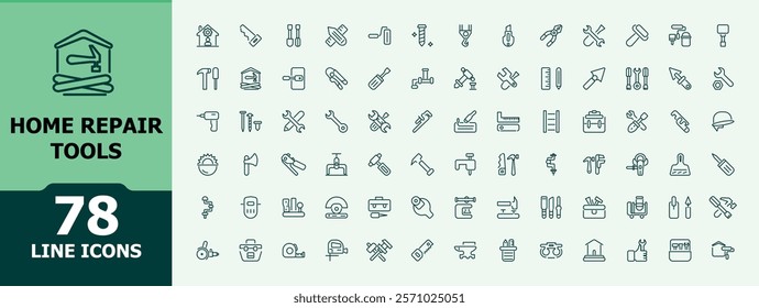 Home Repair Tools icon set. Contains related to work, build, saw, screw, paint and more. Minimalist outline icon. Vector outline icons collection.