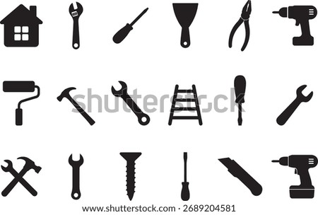 Home Repair Tools Icon Set Silhouette Vector Illustration Bundle for DIY and Construction. Home Renovation Tools Symbol