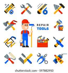 Home repair tools icons working construction equipment set and service worker macter man character flat style isolated on white background vector illustration.