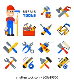 Home repair tools icons working construction equipment set and service worker macter man character flat style isolated on white background vector illustration.