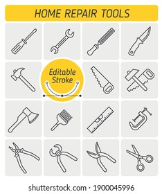 The Home Repair Tools outline vector icon set. The engineering and building outline icons. The engineering, building and construction tools. Thin linear vector symbols with editable strokes width.