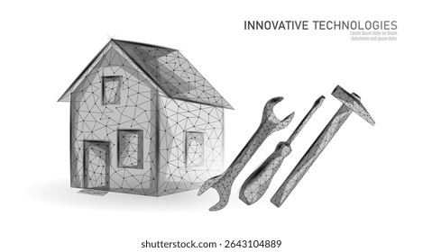 Home repair tools structure concept. Low poly house construction renovation building art. Architecture construction realty maintenance. Gray polygonal style white background vector