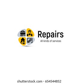 Home repair tools vector logo. House renovation service icon. Building professional support and improvement abstract 2d illustration.