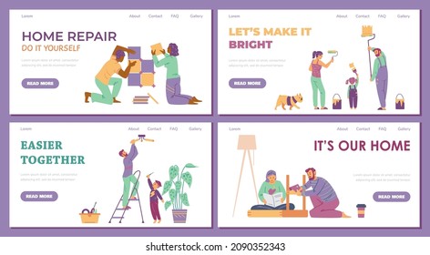Home repair vector flat illustration. Family decorate house together. People assemble furniture, paint walls, install ceramic tile and change light lamp.