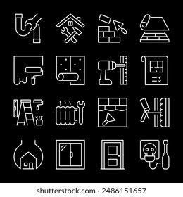 Home repair, white line icons. Tools and equipment for household renovations and improvements. Essential for DIY and maintenance themes. Symbols on black background. Editable stroke.