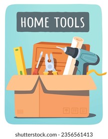 Home repair work tools in box. Screwdrivers, pliers, blueprint, toolbox equipment for construction and renovation. Maintenance service instruments, fixing, improvement kit flat vector illustration