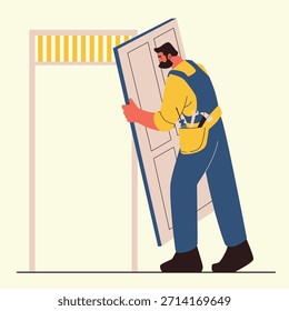 Trabajador de reparación en el hogar que se prepara para instalar una ilustración de puerta de dormitorio