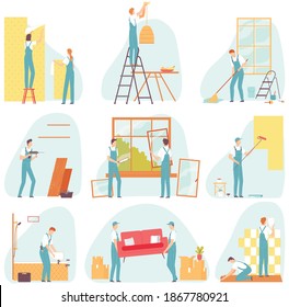 Home repair worker set. Collection of people making house or home apartment interior renovation. Cartoon flat man and woman builder characters. Vector illustration