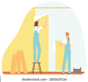 Trabajador de reparación en casa. Dos mujeres con papel pintado de pegamento en la habitación. Estilo de diseño plano de ilustración vectorial. Servicio al cliente.