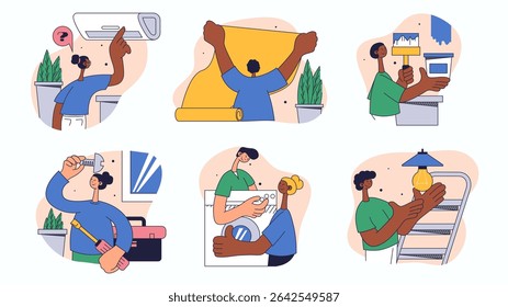 Conjunto de conceito de profissionais de reparo doméstico para design da Web. Coleção com pessoas fixando condicionador, parede de pintura, papel de parede, substituição de lâmpada, mais. Ilustração de vetor plano isolada em fundo branco.