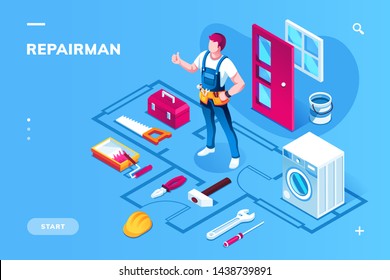 Home repairman and building maintenance instruments. Isometric worker in uniform for indoor house renovation and tool equipment. Screwdriver and pliers, toolbox and roller, saw and hammer. Repair