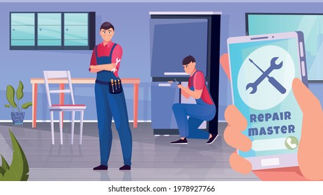 Home repairmen workflow in the background and a large smartphone in the foreground flat vector illustration