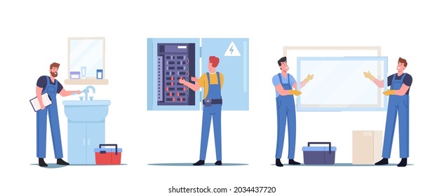 Home Repairment Concept. Handyman Fixing Sink in Bathroom, Workers Characters Install Window, Electrician Examine Working Draft or Measure Voltage at Dashboard. Cartoon People Vector Illustration