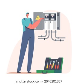 Home Repairment, Fire, Energy and Electrical Safety Concept. Handyman Electrician Character in Robe Overalls Examine Working Draft or Measure Voltage at Dashboard. Cartoon People Vector Illustration