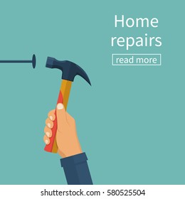 Home repairs concept. Vector illustration flat design. Isolated on background. Man hammers a nail into a wall. Renovation house. Template construction work. Holding a hammer in hand.