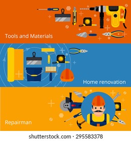 Home repairs and renovation horizontal concept banners with flat style power and hand tools and workman isolated vector illustration