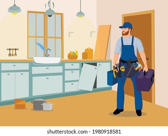 Home Repairs Service Vector Illustration. Handyman on the broken kitchen.