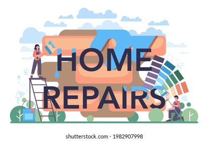 Home repairs typographic header. Repairman applying finishing materials. Home remodeling, renovation. House repair service. Isolated flat vector illustration