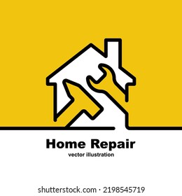 Home repairs. Wrench and hammer as a symbol of real estate repair. Landing page house repairs. Template design for construction and service. Vector illustration, black line icon.