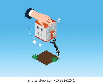 Home Repossession and Eviction Concept with Large Hand Taking House from Small Business People 3d isometric vector illustration