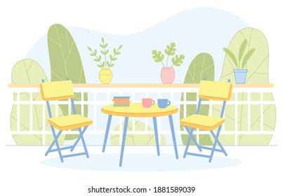 Home or Resort Terrace, Veranda, Balcony Furnished with Table and Chairs. Outdoor Comfortable Rest Place on Open Air Exterior. House Patio for Leisure with Landscape. Flat Cartoon Vector Illustration.