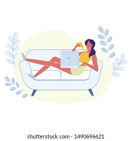 Home Rest, Introvert Pastime Vector Illustration. Freelancer, Happy Young Woman Cartoon Character. Girl Lying on Sofa with Laptop. Lady Watching Movie, Eating Pizza. Domestic Leisure, Recreation