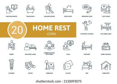 Home Rest Set Symbol. Enthält Illustrationen zum Wohnen wie Bad, tiefer Schlaf, gemütliches Zimmer und mehr.