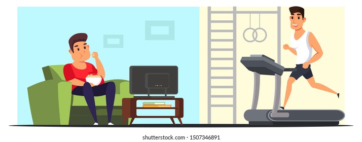 Home rest versus sport flat vector illustration. Overweight and slim guys cartoon characters. Healthy and unhealthy lifestyle. Fat man eating junk food, watching TV. Sportsman training in gym