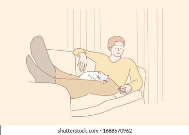 Home rest, watching TV, pet, leisure time concept. Young man or boy laying on couch with sleeping white cat, holding remote control from TV set. Rest at home after working day. Leisure time. Vector.