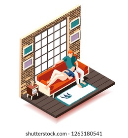 Home rest weekend isometric composition wife and husband on sofa during leisure near big window vector illustration