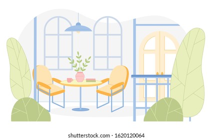 Home, Restaurant, Hotel Terrace or Veranda Furnished with Table and Chairs. Outdoor Comfortable Rest Place on Open Air. Modern House Patio for Relaxation and Leisure. Flat Cartoon Vector Illustration.