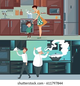 Home and restaurant kitchen horizontal banners with people interior furniture utensil appliances and cutlery vector illustration