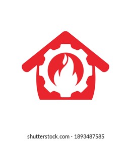 Diseño del logotipo vectorial de Restauraciones domésticas. Engranaje y fuego con diseño vectorial de iconos domésticos.	
