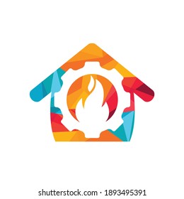 Home Restorations Vektorlogo-Design. Getriebe und Feuer mit Home-Symbol Vektordesign.	
