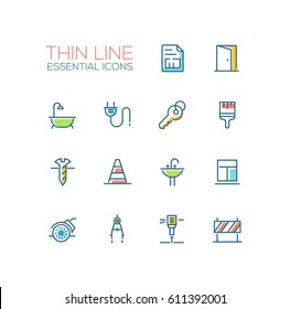 Home, road Repair - modern vector simple thin line design icons set with accent color. Plan, door, bath, plug, key, paint brush, screw, road cone, sink, window, angle, grinder, compasses, jackhammer. 