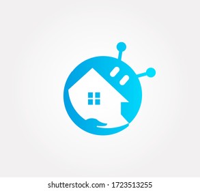 Home with robot flat design technology logo, smart house, internet of things, automation.