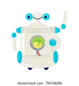 Home robot for housework - repair, cleaning, cleaner sweeping, cooking and laundry. Cute bot assistant isolated on white background in flat design. Vector illustration eps 10