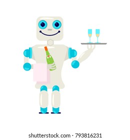 Home robot for housework - repair, cleaning, cleaner sweeping, cooking and laundry. Cute bot assistant isolated on white background in flat design. Vector illustration eps 10