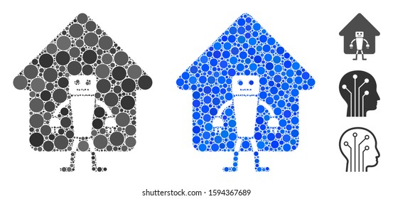 Home robot mosaic of filled circles in variable sizes and color tinges, based on home robot icon. Vector filled circles are grouped into blue composition.