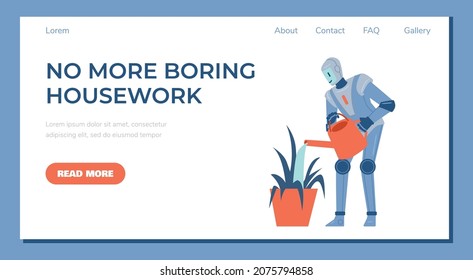 Home robot website banner interface template, flat vector illustration. Web page mockup for robotic home system helping with housework and housekeeping.