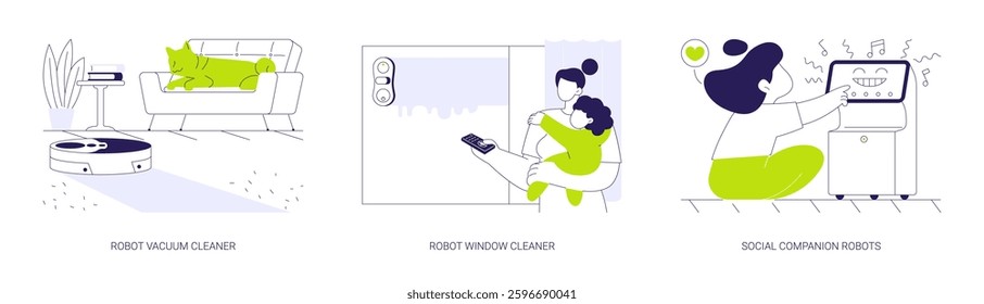 Home robotics abstract concept vector illustration set. Robotic vacuum cleaner, automated window cleaner, smart household appliances, social companion robot, modern house technology abstract metaphor.
