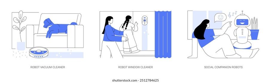 Home robotics isolated cartoon vector illustrations set. Robotic vacuum cleaner, automated window cleaner, smart household appliances, social companion robot, modern house technology vector cartoon.