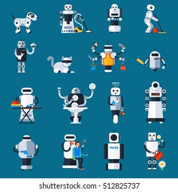 Home robots collection helping and replacing people in different activities in flat style isolated vector illustration