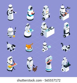 Home robots collection helping and replacing people in different activities in isometric style isolated vector illustration